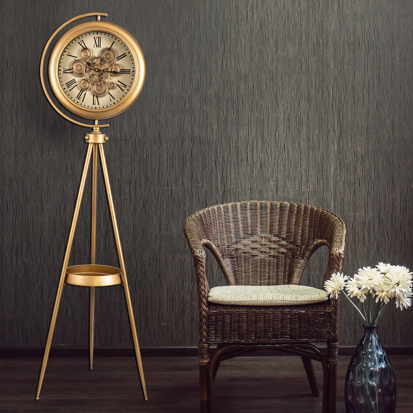 Golden Meridian Tripod Base Luxury Designer Standing Clock With Moving Gear Mechanism Buy Floor Clock Online (Steel Body)
