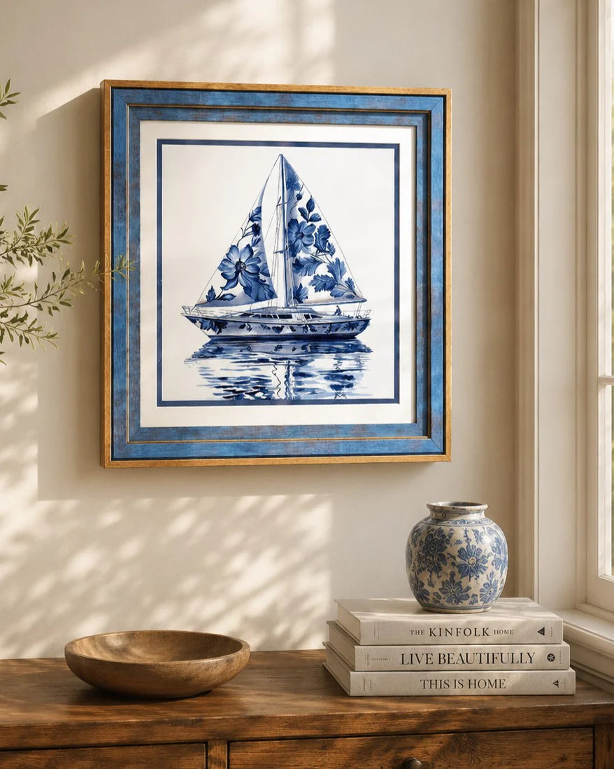 Blue & White Framed Wall art - 12"x12"