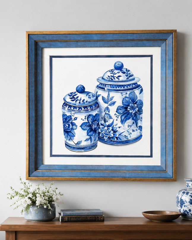 Blue & White Framed Wall art - 12"x12"