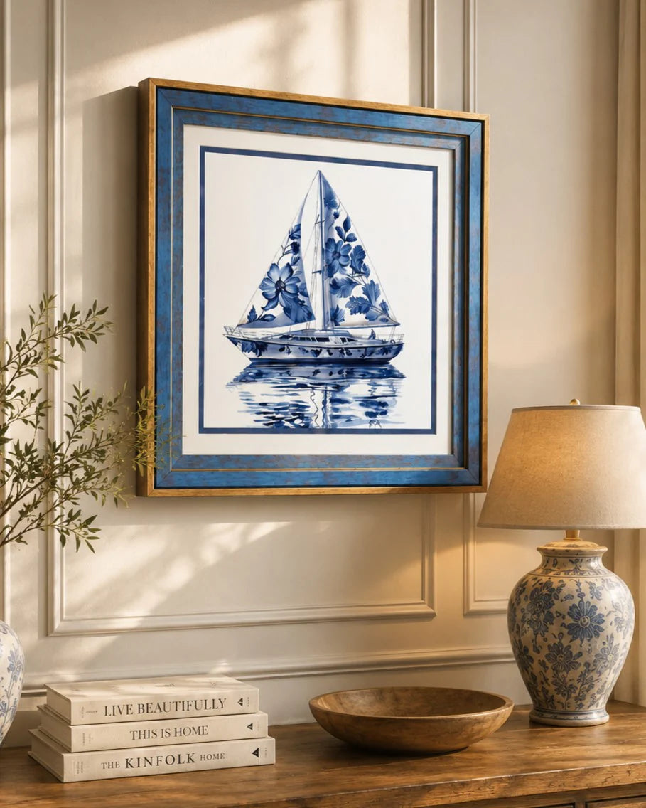 Blue & White Framed Wall art - 12"x12"