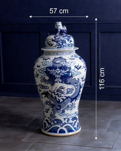 Imperial Blue Dragon Grand Temple Jar with Guardian Lid - 116