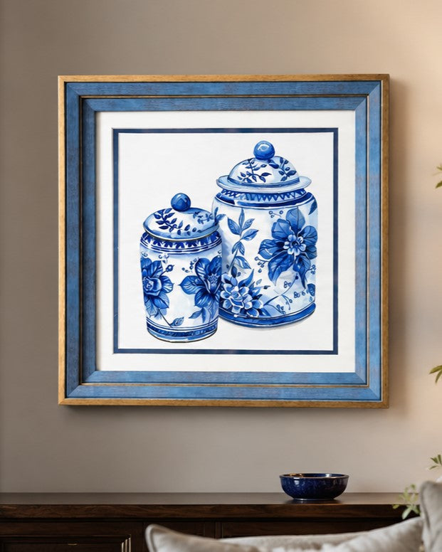Blue & White Framed Wall art - 12"x12"