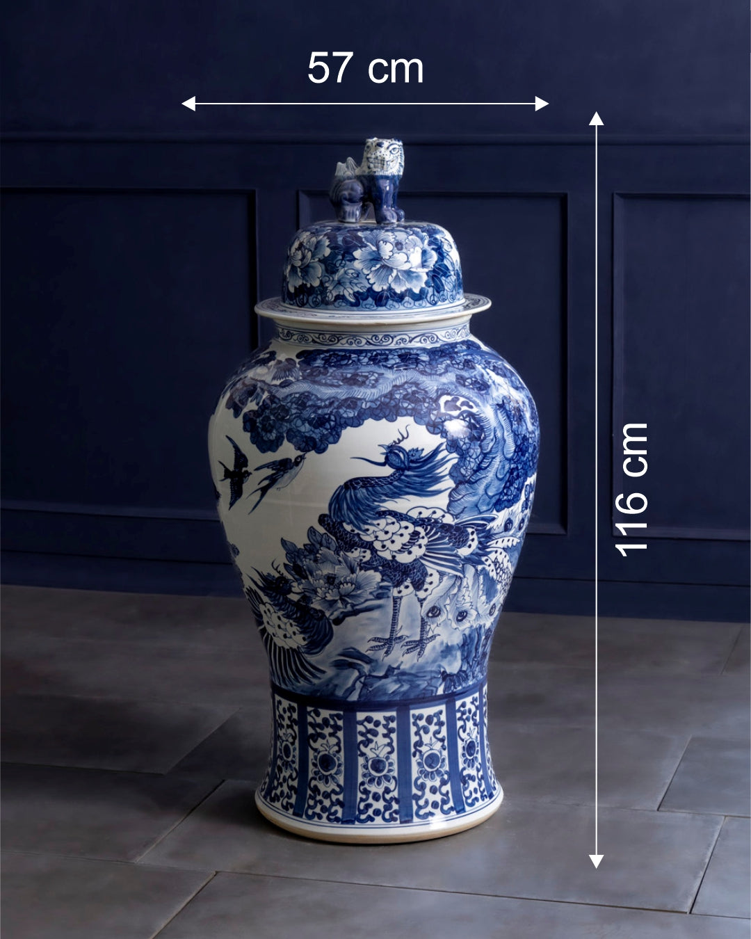 Grand Crane & Floral Blue Temple Jar with Guardian Lid - 116 CM