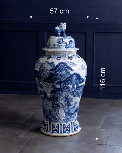 Grand Scenic Blue & White Temple Jar with Guardian Lid - 116