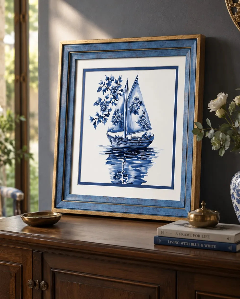 Blue & White Framed Wall art - 12"x12"
