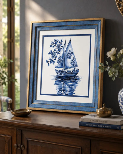 Blue & White Framed Wall art - 12"x12"