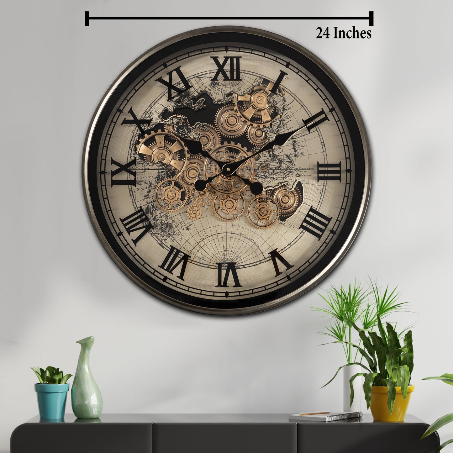 Phantom Dial Luxury Designer Wall Clock For Living Room With Moving Gear Mechanism Buy Wall Clock Online - Big (Black) (Steel Body)
