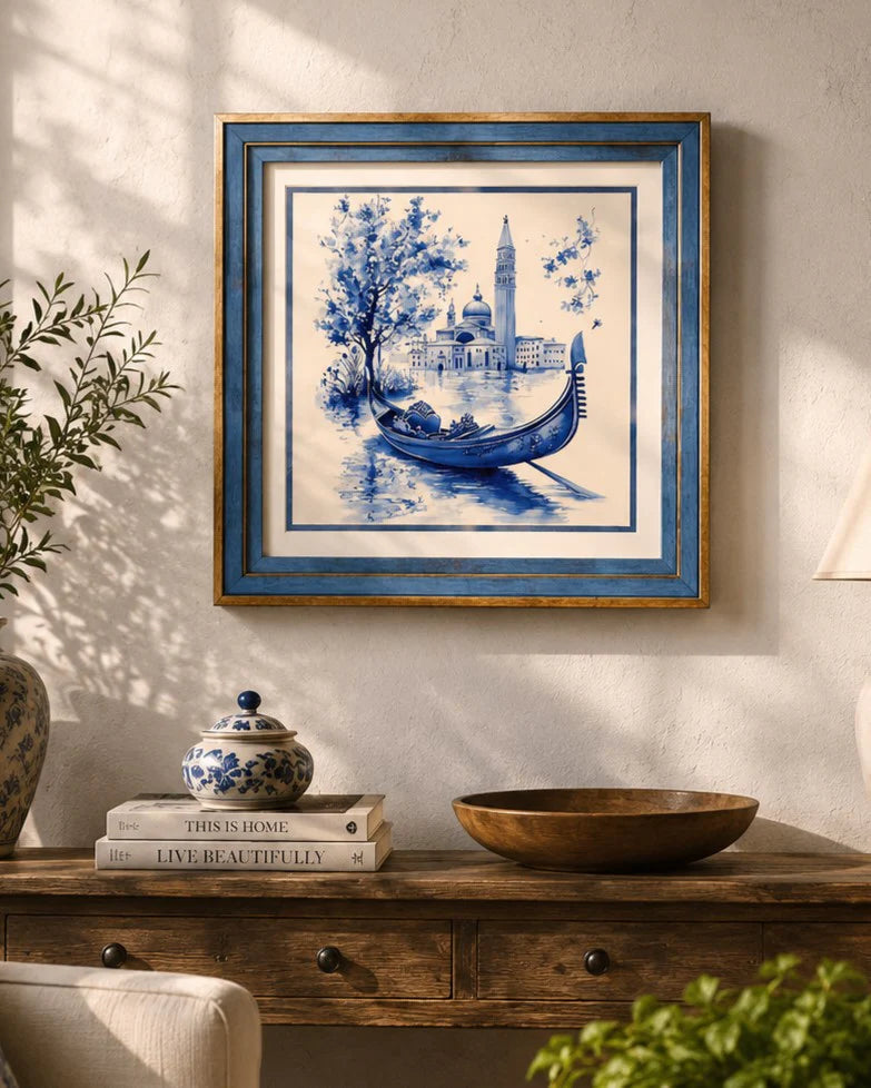 Blue & White Framed Wall art - 12"x12"