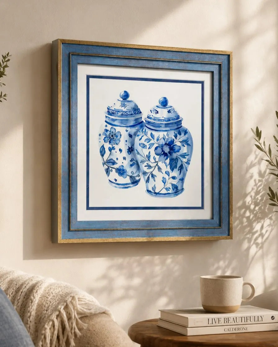 Blue & White Framed Wall art - 12"x12"