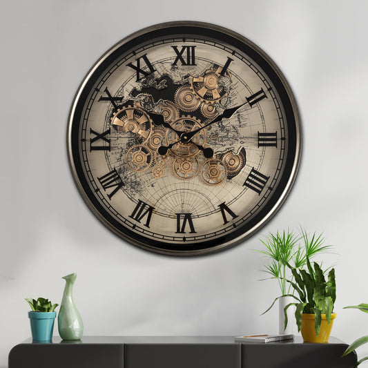 Phantom Dial Luxury Designer Wall Clock For Living Room With Moving Gear Mechanism Buy Wall Clock Online - Big (Black) (Steel Body)