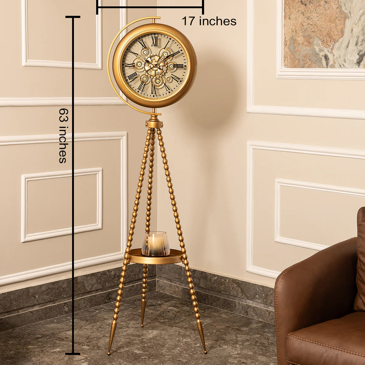 Golden Meridian Tripod Base Luxury Designer Standing Clock With Moving Gear Mechanism Buy Floor Clock Online - Ribbed (Steel Body)