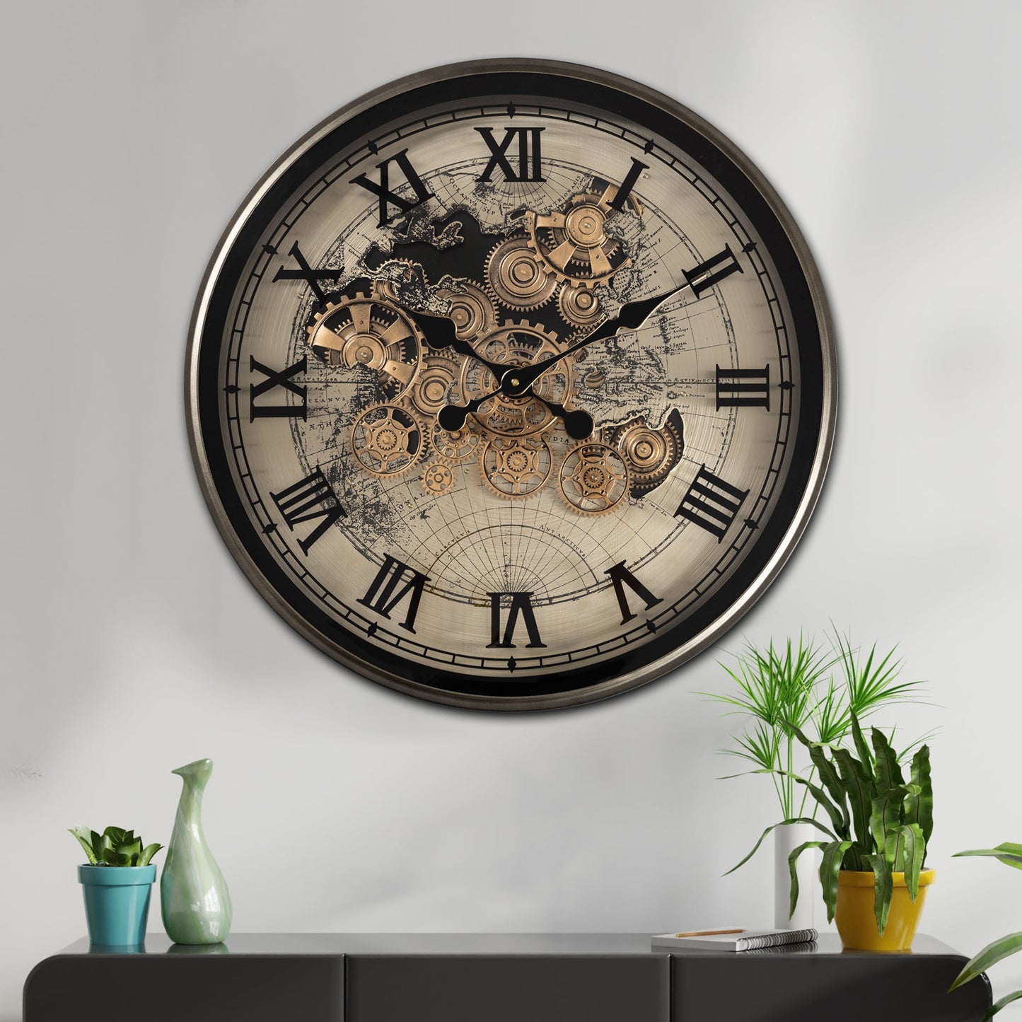 Phantom Dial Luxury Designer Wall Clock For Living Room With Moving Gear Mechanism Buy Wall Clock Online - Medium (Black) (Steel Body)