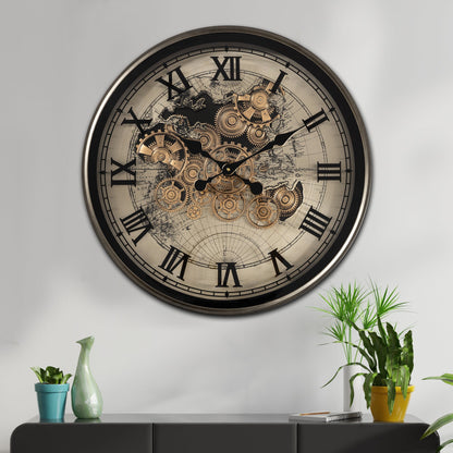 Phantom Dial Luxury Designer Wall Clock For Living Room With Moving Gear Mechanism Buy Wall Clock Online - Medium (Black) (Steel Body)