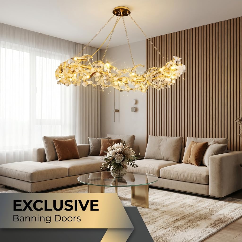 Crystal Chandelier for Living Room | 3-Color Colour (Warm + Natural + Cold White) | Gold Floral Ring Jhumar | Dining Room Ceiling Light | 1200MM