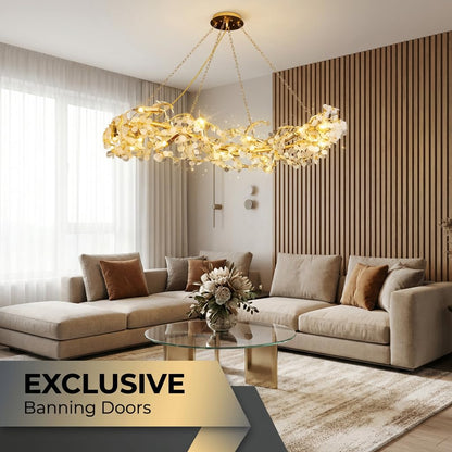 Crystal Chandelier for Living Room | 3-Color Colour (Warm + Natural + Cold White) | Gold Floral Ring Jhumar | Dining Room Ceiling Light | 1200MM