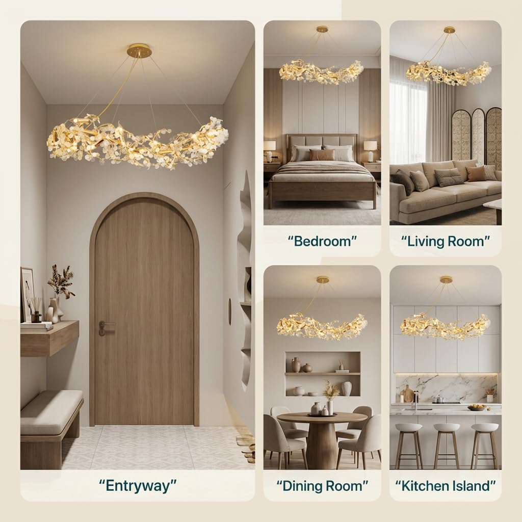 Crystal Chandelier for Living Room | 3-Color Colour (Warm + Natural + Cold White) | Gold Floral Ring Jhumar | Dining Room Ceiling Light | 1200MM