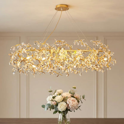 Crystal Chandelier for Living Room | 3-Color Colour (Warm + Natural + Cold White) | Gold Floral Ring Jhumar | Dining Room Ceiling Light | 1200MM