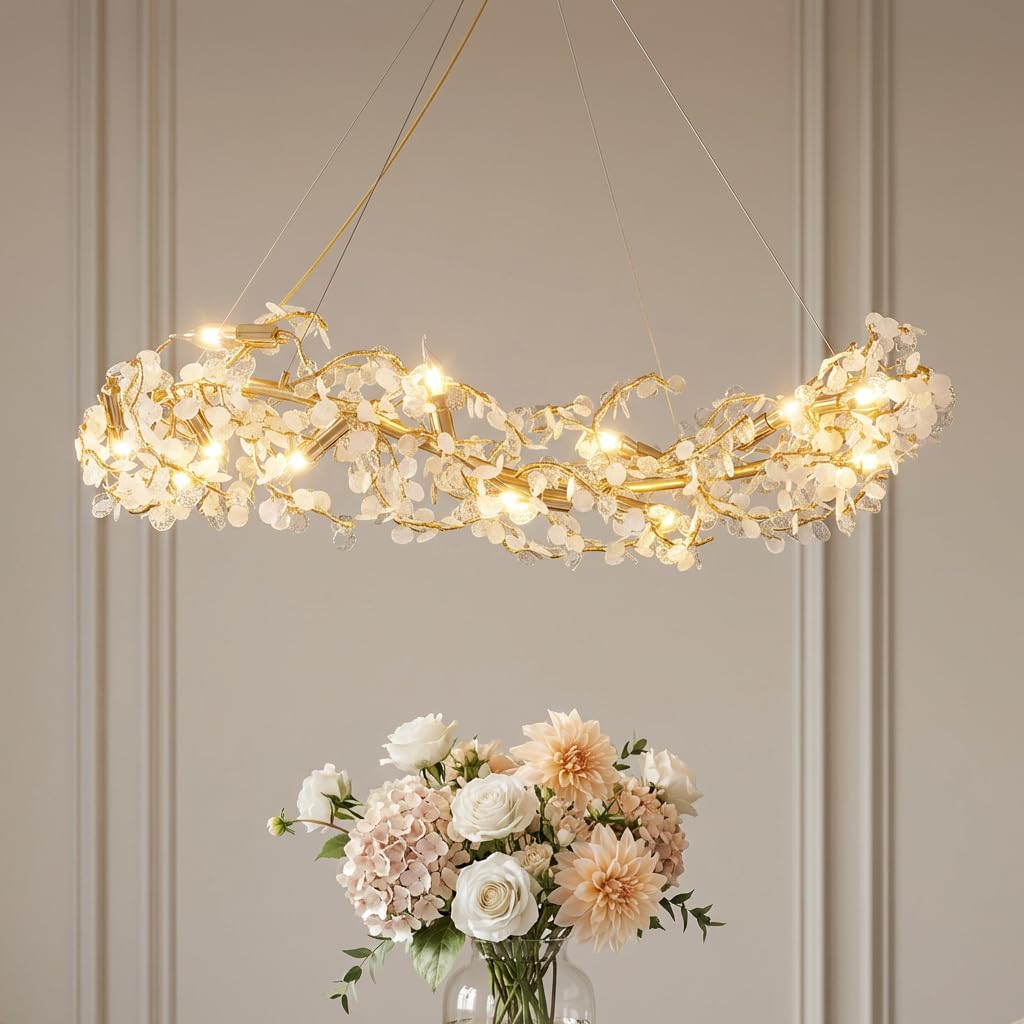 Crystal Chandelier for Living Room | 3-Color Colour (Warm + Natural + Cold White) | Gold Floral Ring Jhumar | Dining Room Ceiling Light | 1200MM