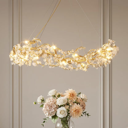 Crystal Chandelier for Living Room | 3-Color Colour (Warm + Natural + Cold White) | Gold Floral Ring Jhumar | Dining Room Ceiling Light | 1200MM