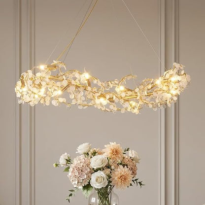 Crystal Chandelier for Living Room | 3-Color Colour (Warm + Natural + Cold White) | Gold Floral Ring Jhumar | Dining Room Ceiling Light | 1200MM