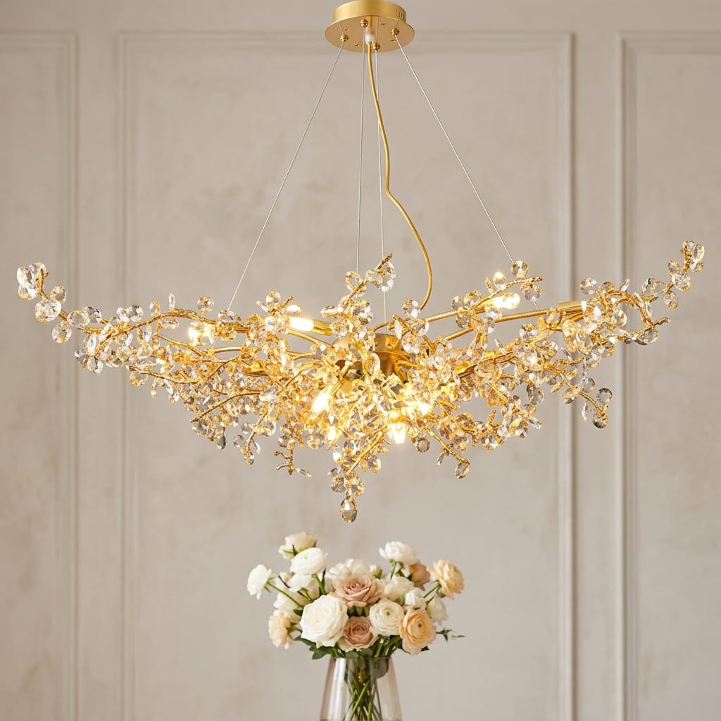 Crystal Chandelier for Living Room | 3-Color Colour (Warm + Natural + Cold White) | Gold Floral Ring Jhumar | Dining Room Ceiling Light | 1200MM