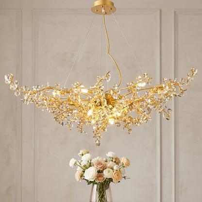 Crystal Chandelier for Living Room | 3-Color Colour (Warm + Natural + Cold White) | Gold Floral Ring Jhumar | Dining Room Ceiling Light | 1200MM