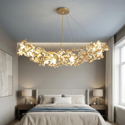Crystal Chandelier for Living Room | 3-Color Colour (Warm + Natural + Cold White) | Gold Floral Ring Jhumar | Dining Room Ceiling Light | 1200MM