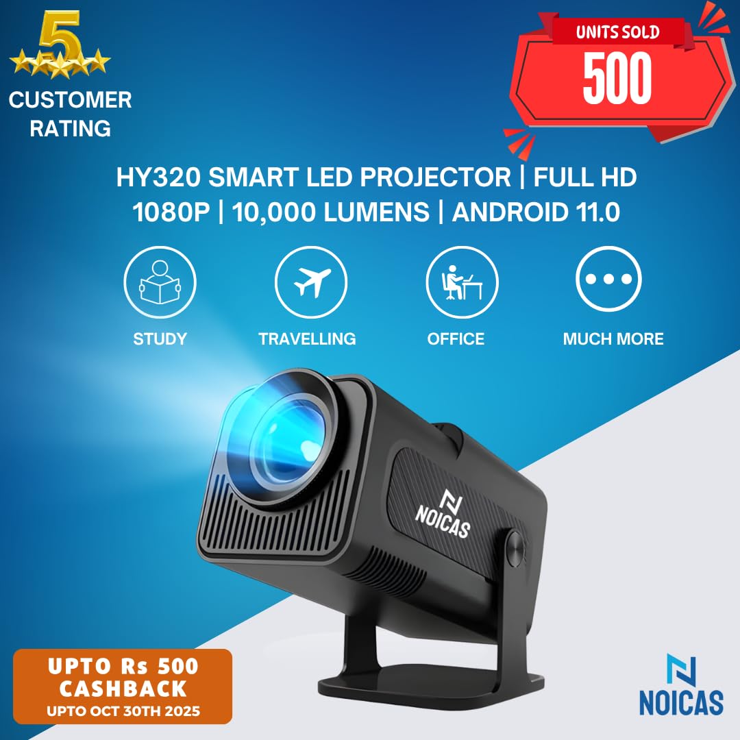Noicas HY320 Smart LED Projector 1080P Full HD, 10000 Lumens, WiFi 6, Android 11.0 (5000 lm / 1 Speaker/Wireless/Remote Controller) Portable Projector (Black)