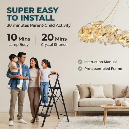 Crystal Chandelier for Living Room | 3-Color Colour (Warm + Natural + Cold White) | Gold Floral Ring Jhumar | Dining Room Ceiling Light | 1200MM