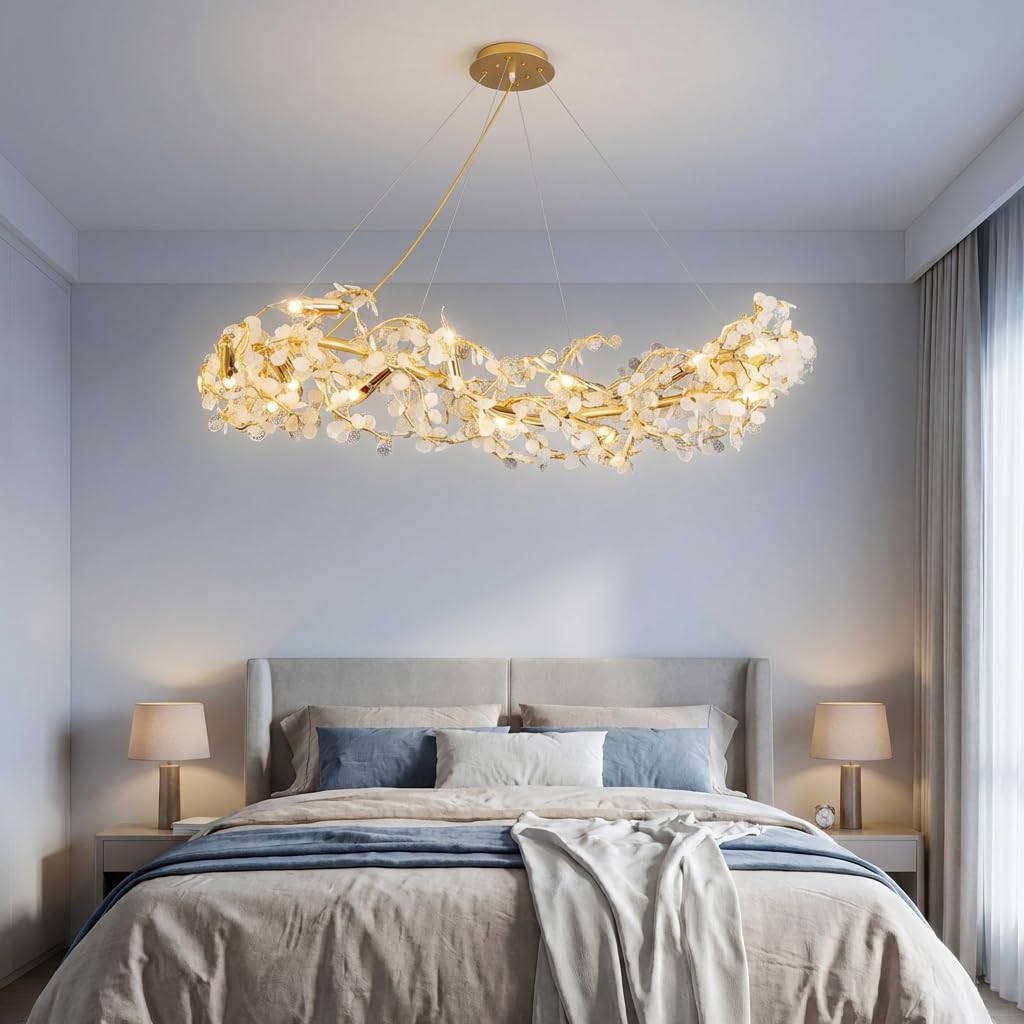 Crystal Chandelier for Living Room | 3-Color Colour (Warm + Natural + Cold White) | Gold Floral Ring Jhumar | Dining Room Ceiling Light | 1200MM