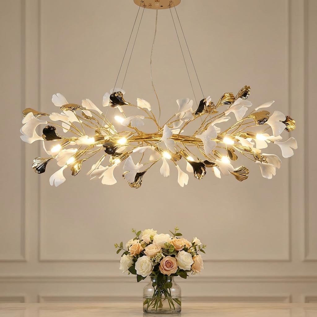 Crystal Chandelier for Living Room | 3-Color Colour (Warm + Natural + Cold White) | Gold Floral Ring Jhumar | Dining Room Ceiling Light | 1200MM