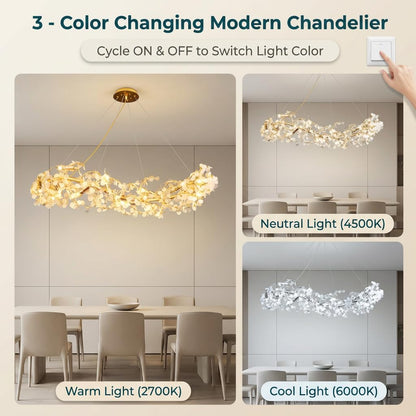 Crystal Chandelier for Living Room | 3-Color Colour (Warm + Natural + Cold White) | Gold Floral Ring Jhumar | Dining Room Ceiling Light | 1200MM