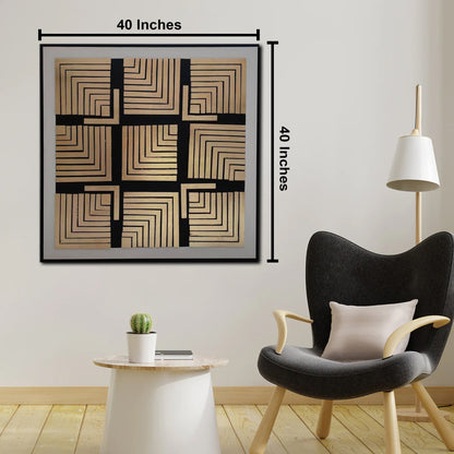 Golden Maze Wall Hand Paintings for Home (Comes With an Outer Floater Frame) (40x40 Inches)
