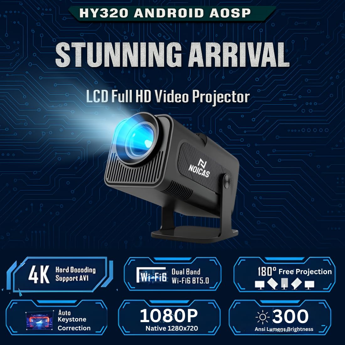 Noicas HY320 Smart LED Projector 1080P Full HD, 10000 Lumens, WiFi 6, Android 11.0 (5000 lm / 1 Speaker/Wireless/Remote Controller) Portable Projector (Black)