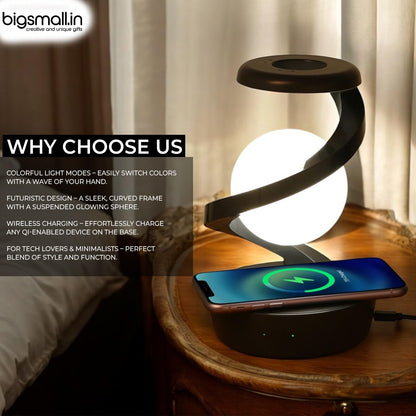 Bigsmall Leviosa Rotating Suspension Lamp with Wireless Charger | Hovering Floating Light | Colorful Modes | Hand Wave Sensor | Modern Spiral LED Night Lamp for Bedroom and Living Room Home Decor