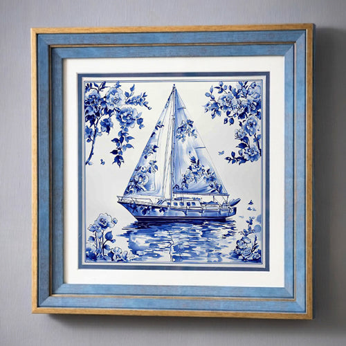 Blue & White Framed Wall art - 12"x12"