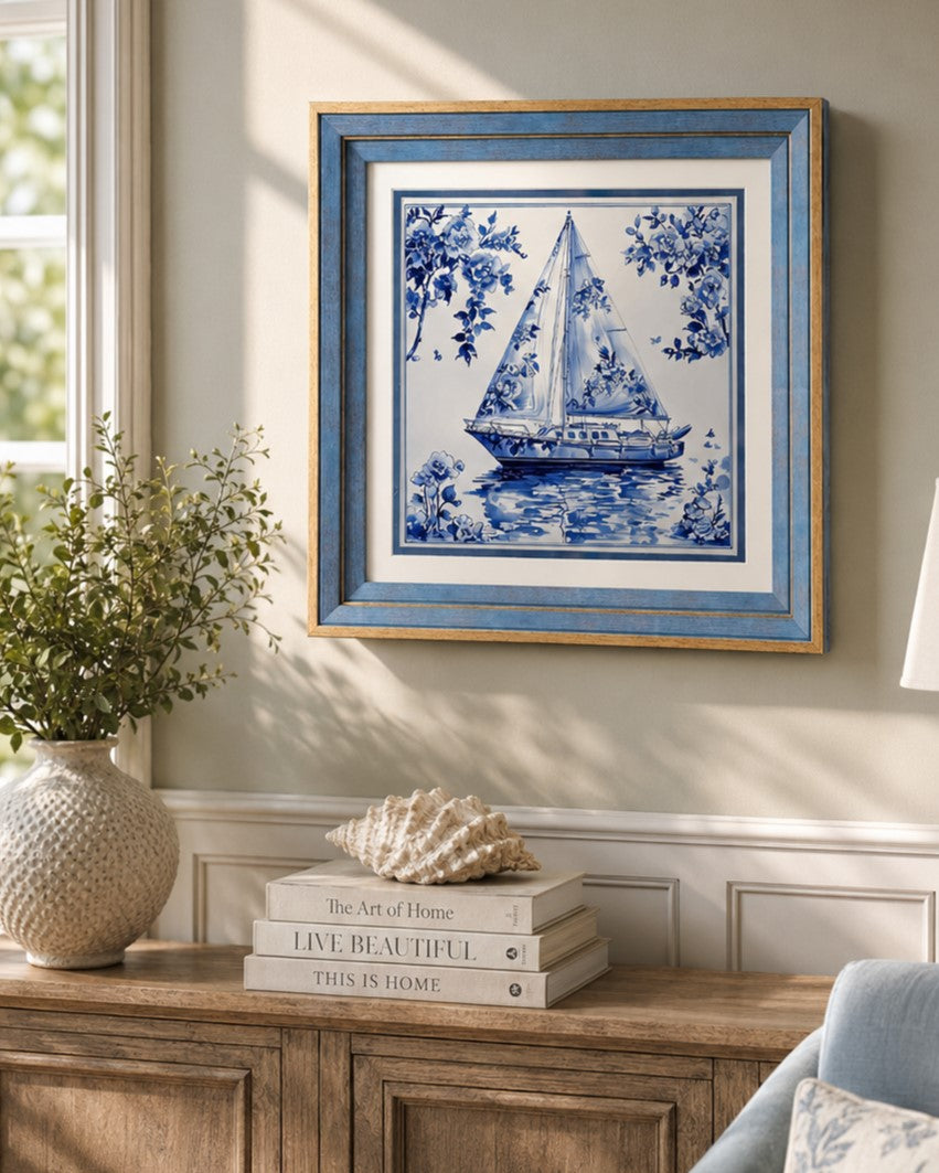 Blue & White Framed Wall art - 12"x12"