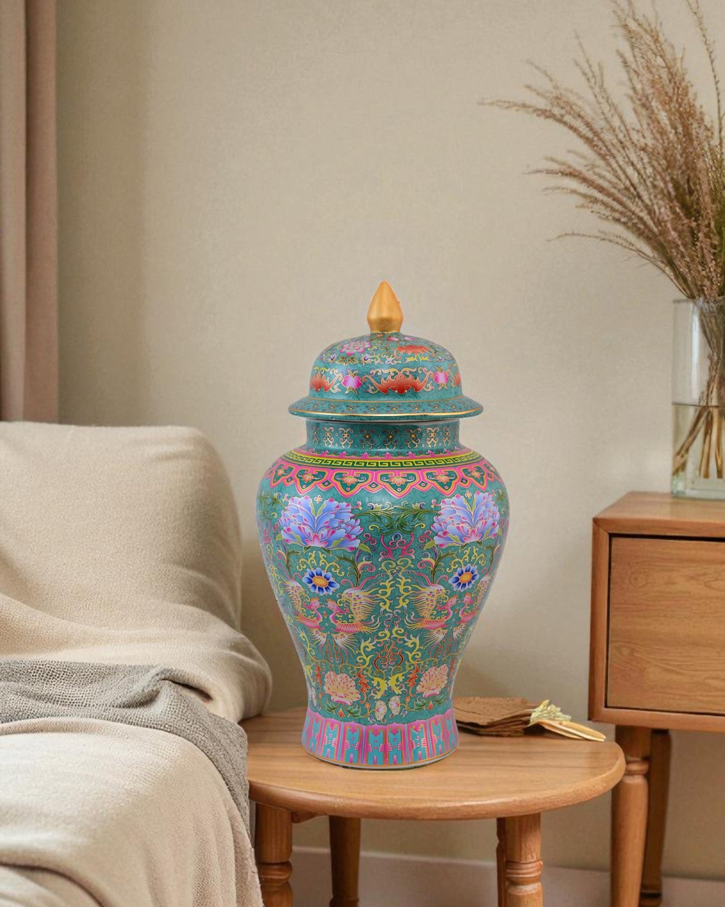 Cloisonné phoenix Temple Jar With Lid - Green - 39 cm