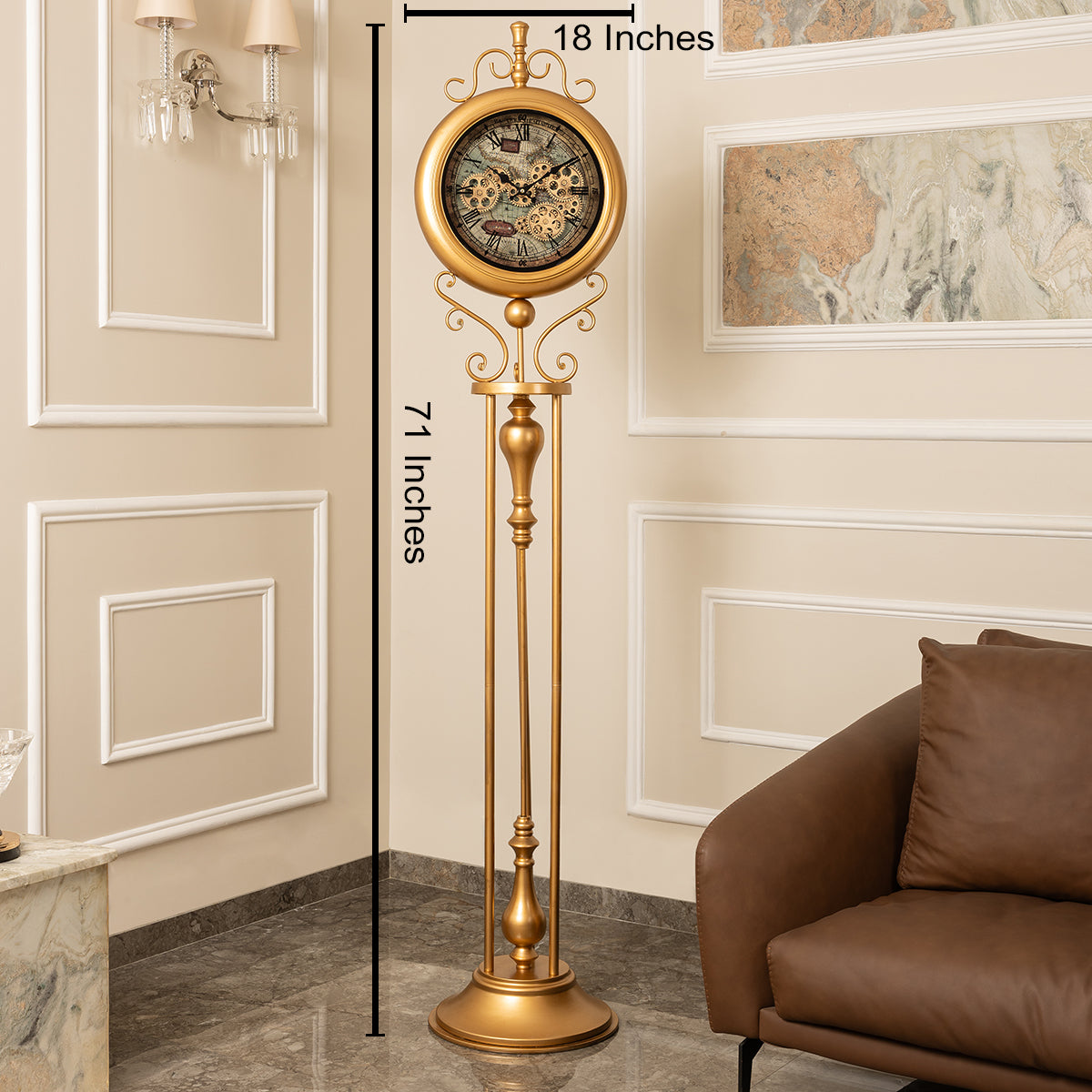 Victorian Timeless Tradition Luxury Designer Standing Clock With Moving Gear Mechanism (Steel Body)