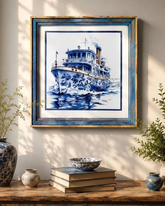 Blue & White Framed Wall art - 12"x12"