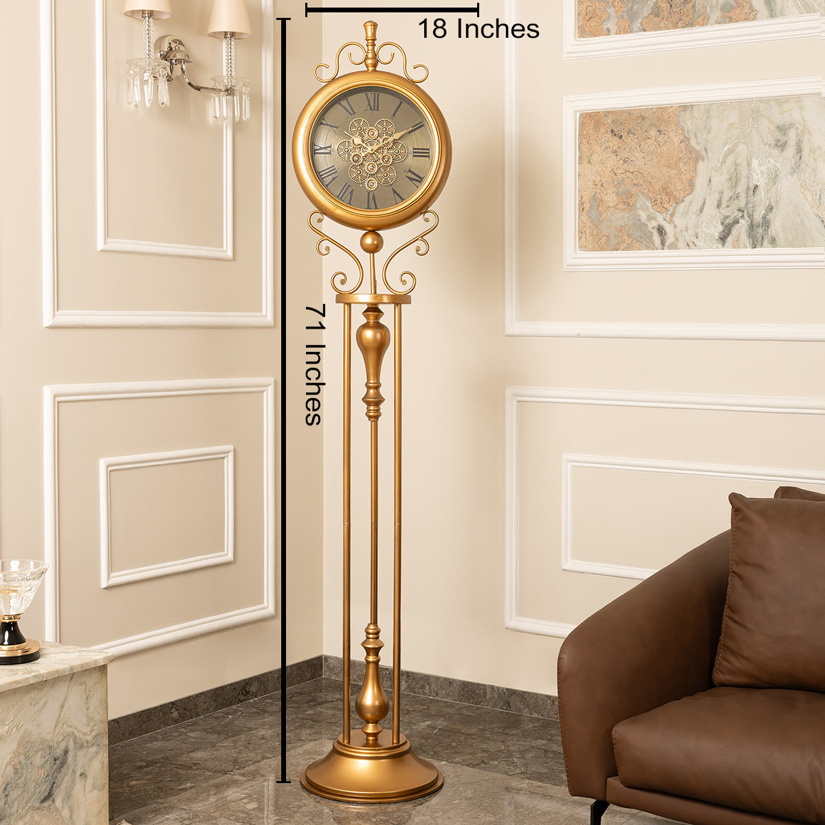 Classic Crown Luxury Designer Standing Clock With Moving Gear Mechanism (Steel Body)