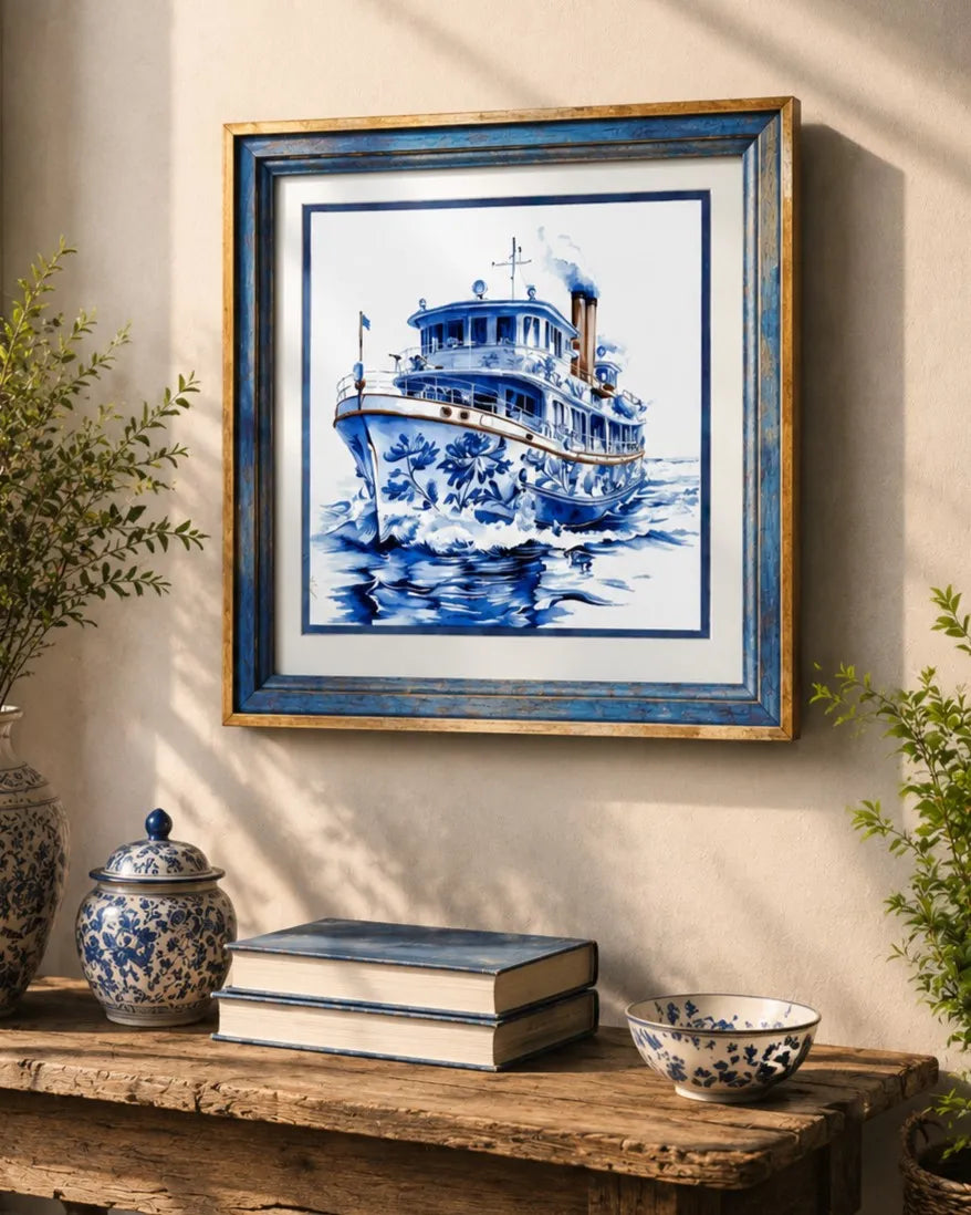 Blue & White Framed Wall art - 12"x12"
