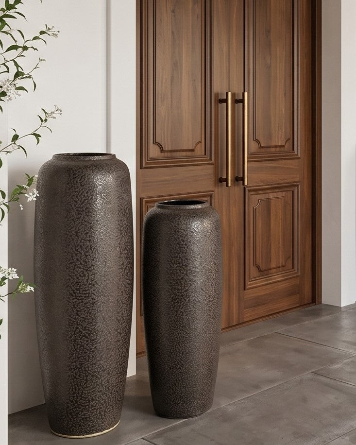 Charcoal Matte Textured Floor Vase - Set Of 2