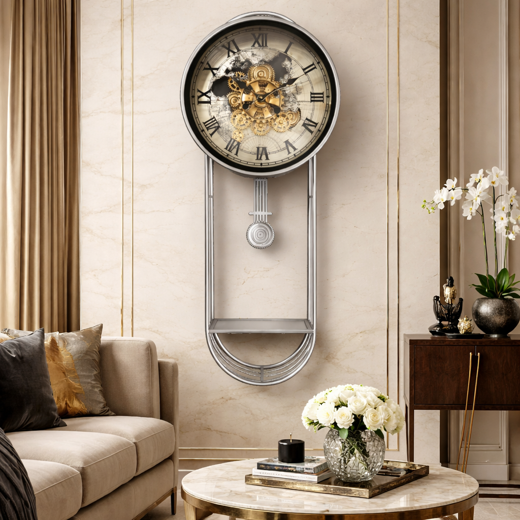 Phantom Dial Designer Pendulum Clock With Moving Gear Mechanism (Steel Body)