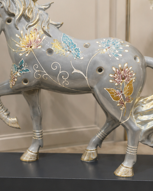 Royal Grey Floral Decorative Horse Figurine