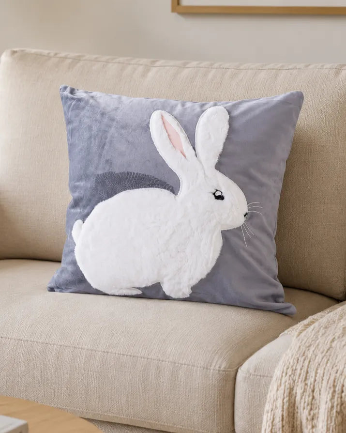 Rabbit Embroidery Cushion Cover - Grey