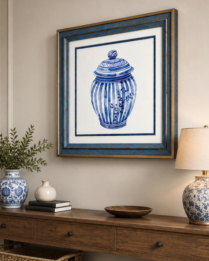 Blue & White Framed Wall art - 12"x12"