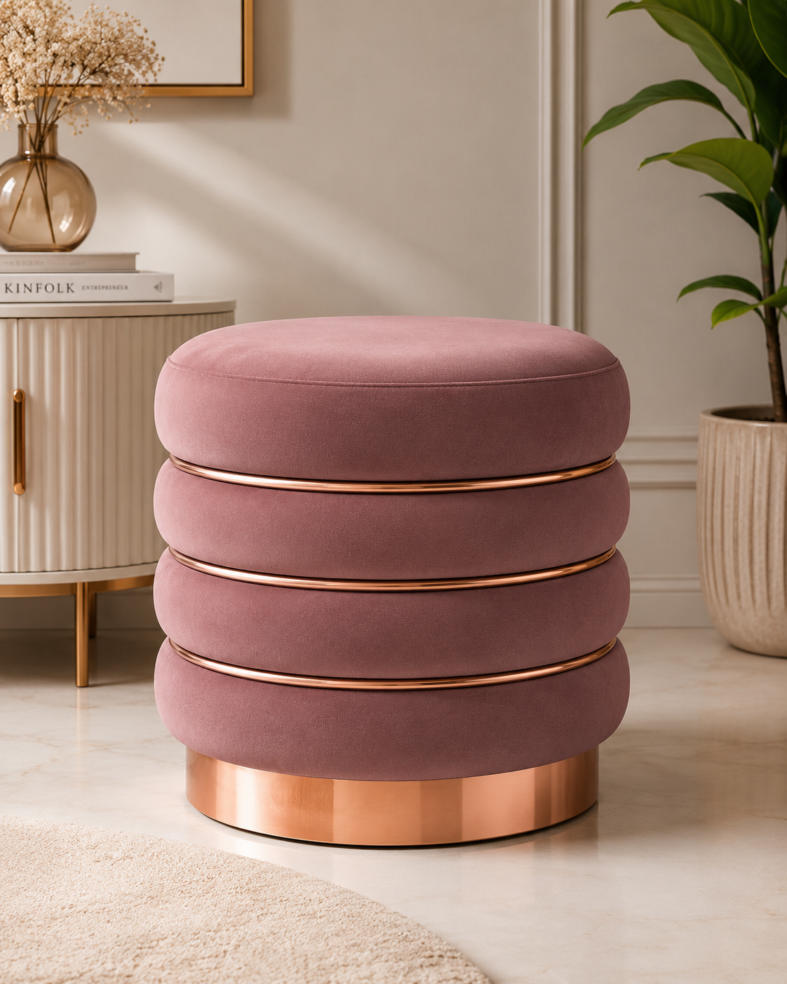 Blush Rose Velvet Ottoman Stool