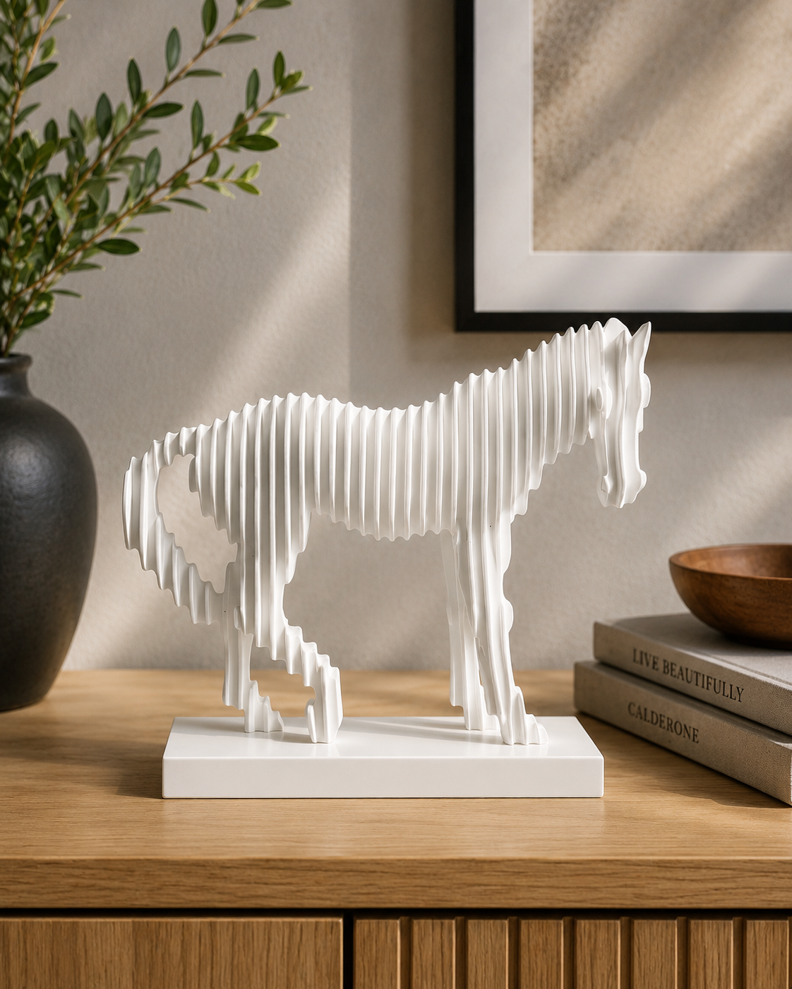 Modern Geometric Decorative Horse Sculpture - White