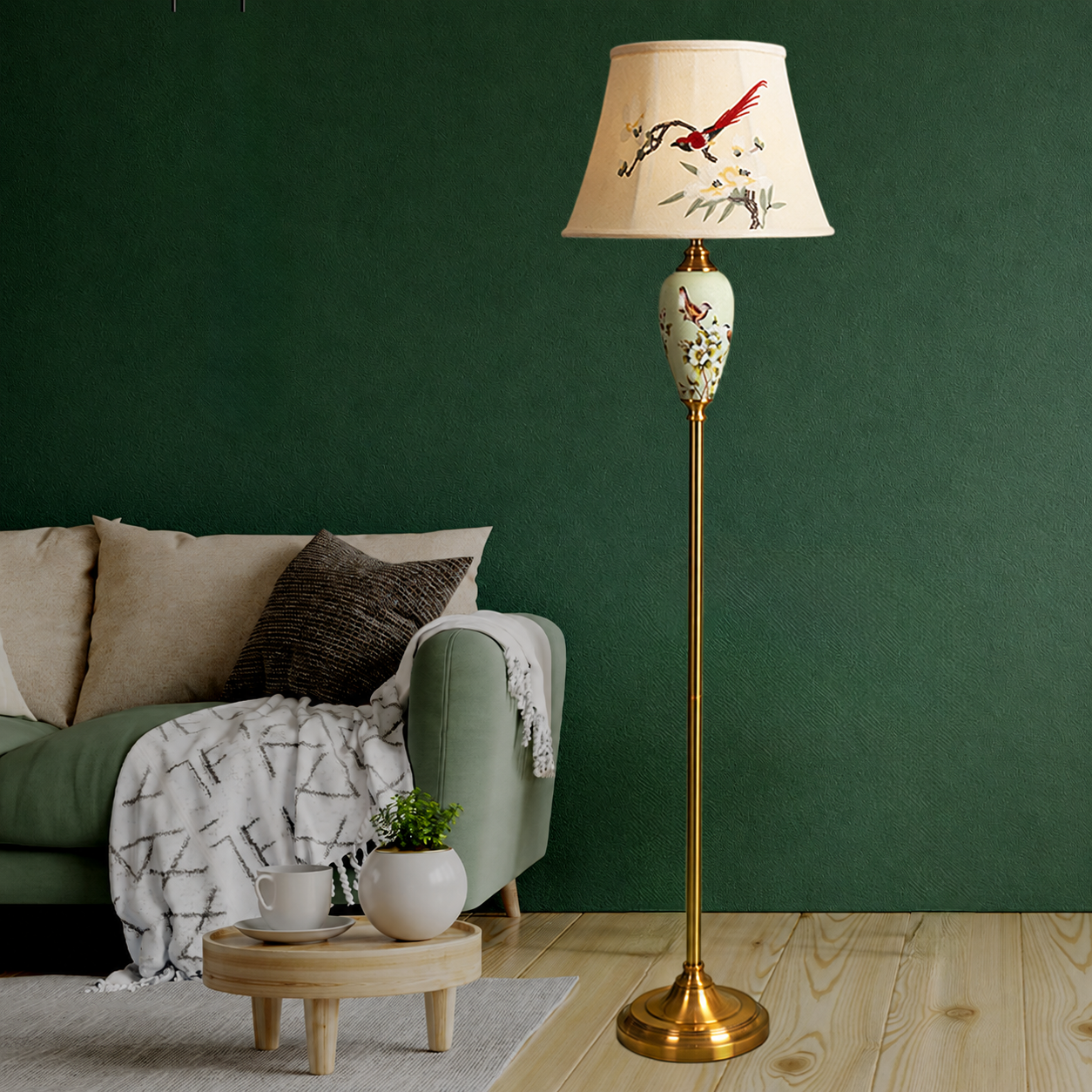Fiesta Marble Effect Base Decorative Ceramic Floor Lamp (Bird Shade)
